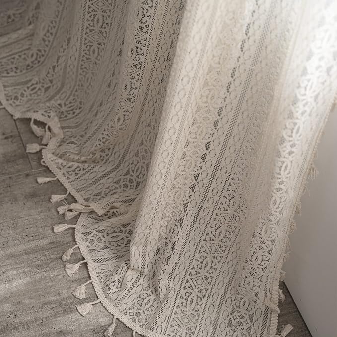 Sutuo Home Boho Curtain Crochet Lace Semi-Sheer Florals Hollow Knitted Handmade - Image 7