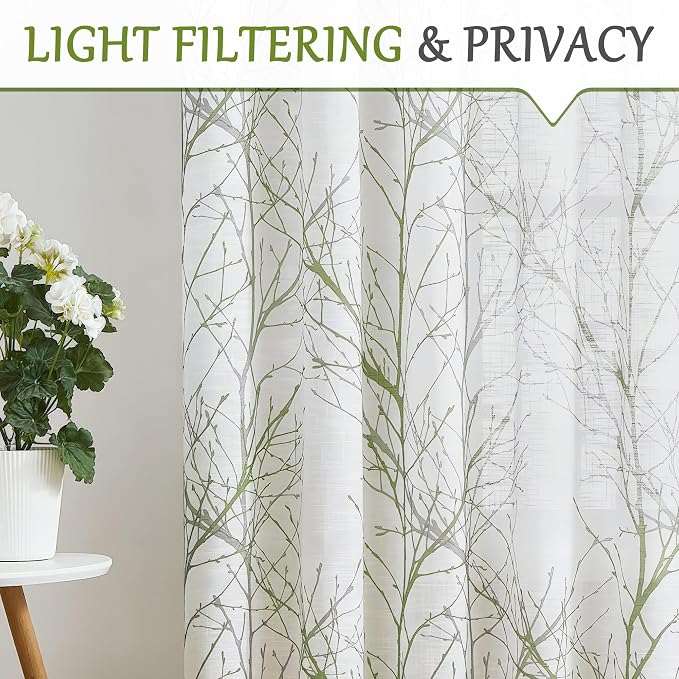 FMFUNCTEX Linen Sage Green White Semi Sheer Print Curtains 96 Inch 2 Panels | - Image 3