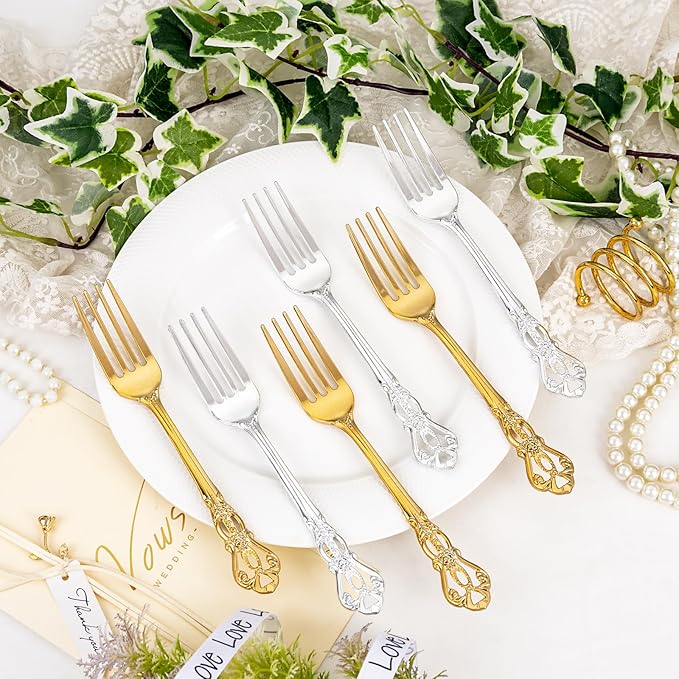 30PCS Gold Plastic Forks - 8.1inch Gold Forks Disposable - Vintage Heavy Duty Dessert Forks - Premium Fancy Plastic Silverware for Parties, Weddings, Dinners and Events