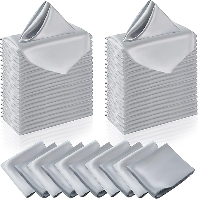 Manyshofu 60 Pieces Silver Satin Napkins - 20x20 Inches Cloth Napkins, Square Satin Fabric Napkins Set - Elegant & Reusable Table Napkins for Wedding Dinner Party Lunch Banquet Restaurant Decoration