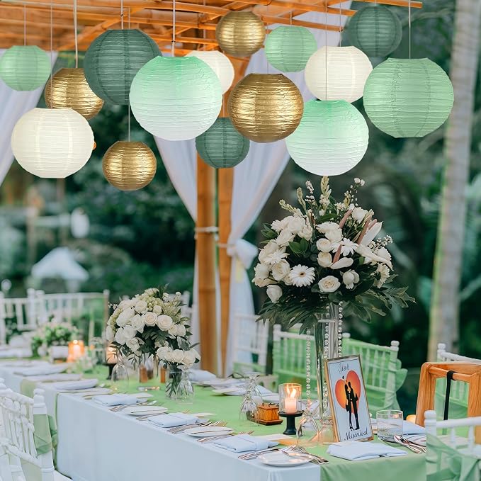 15-Pack Sage Green Gold Paper Lanterns, Hanging Classroom Decor | 6, 10 Inch - Image 4