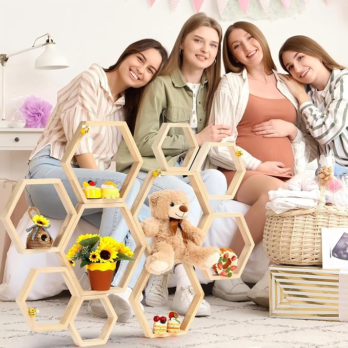 Gerrii 10 Pcs Honey Comb Decorations 5 Sizes Wood Hexagon Shelves Honeycomb - Image 7