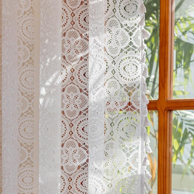 YJ YANJUN Boho Lace Curtains 96 inch, 2 Panels, Vintage Floral Crochet Drapes - Image 3