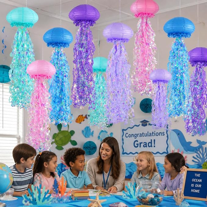 6-Pack Jellyfish Paper Lanterns, Under the Sea Party Decorations | 10-Inch Blue - Image 5