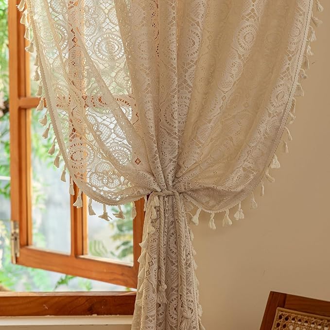 YJ YANJUN Boho Lace Curtains 90 inches Long 2 Panels -Vintage Floral Crochet by YJYANJUN