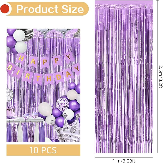 10 Pack Light Purple Backdrop Curtain 3.2ft x 8.2ft Metallic Tinsel Foil Fringe - Image 3
