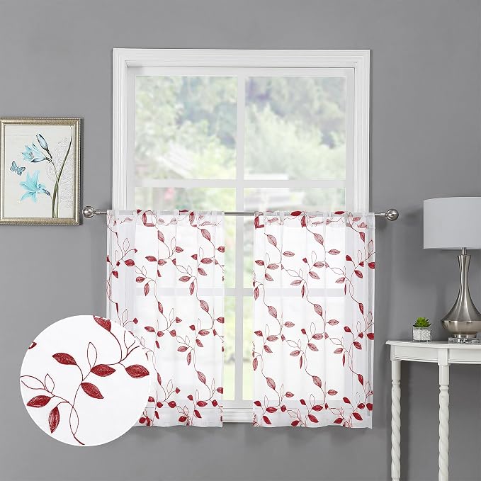 Tollpiz Burgundy Red Leaf Sheer Tier Curtains Kitchen 30 x 24 Inches | Short by Tollpiz