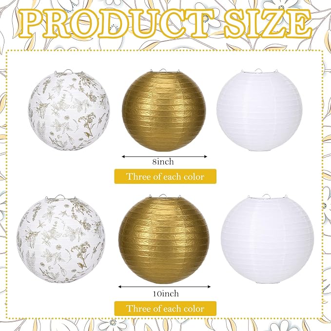 Riakrum 18 Pcs Floral Paper Lantern Set 10" 8" Gold and White Flower Chinese - Image 2