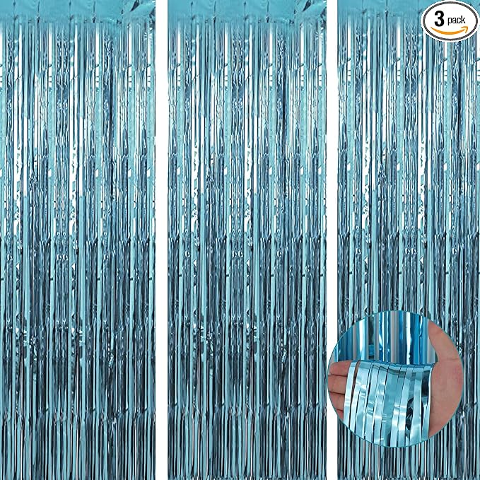 TenLaitech 3 Pack 3.3 x 9.9 ft Light Blue Foil Fringe Backdrop Curtain by TenLaitech