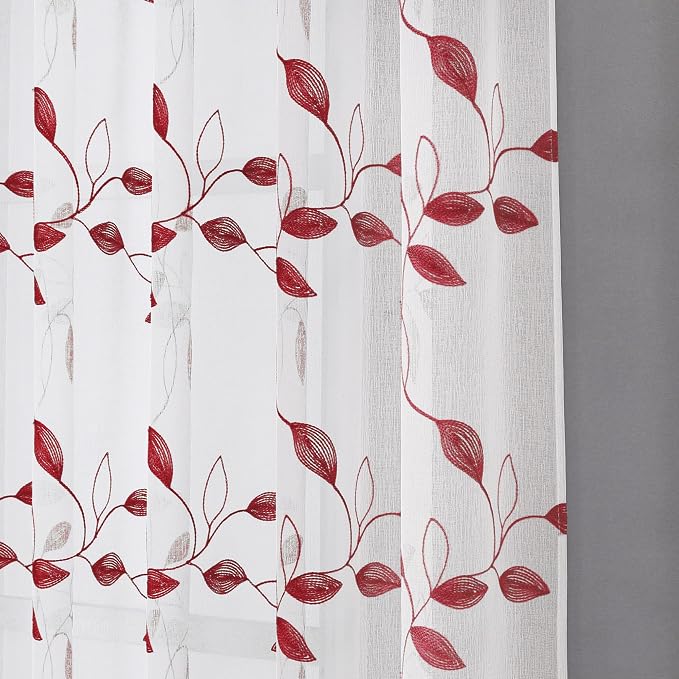 Tollpiz Burgundy Red Leaf Sheer Tier Curtains Kitchen 30 x 24 Inches | Short - Image 8