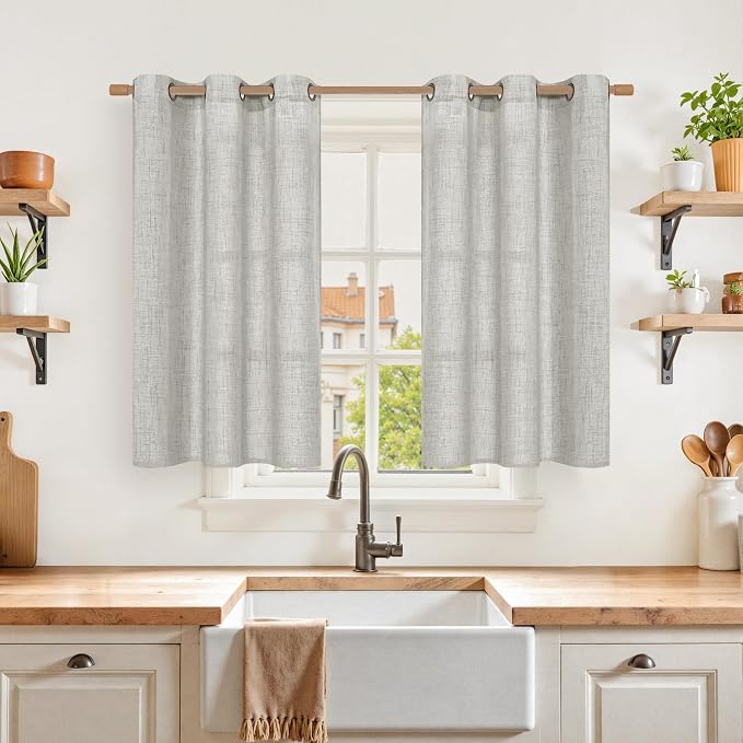 YoungsTex Light Grey Linen Curtains 40 Inch Length, Light Filtering Short Drapes by YoungsTex