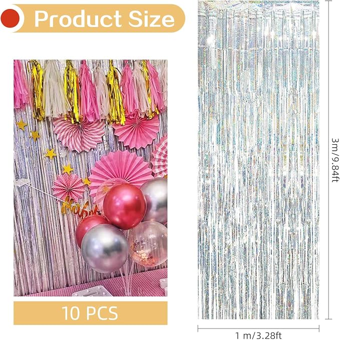10 Pack Silver Foil Curtain Backdrop 3.2ft x 9.8ft Metallic Tinsel Foil Fringe - Image 3