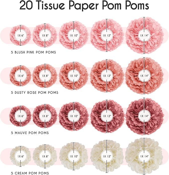EpiqueOne 20 Piece Tissue Paper Pom Poms | Blush Pink, Dusty Rose, Mauve & - Image 2