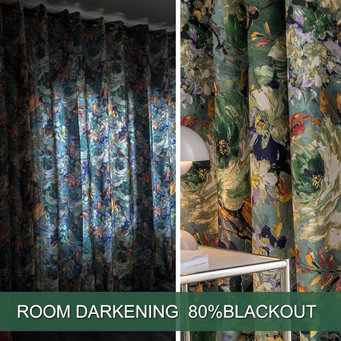 SUOUO Dark Green Vintage Floral Blackout Curtains - Image 4