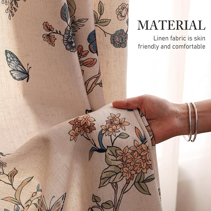 Designer French Linen Printed Curtains, 2 Panels, Bird and Flowers Pattern Draps - Image 3