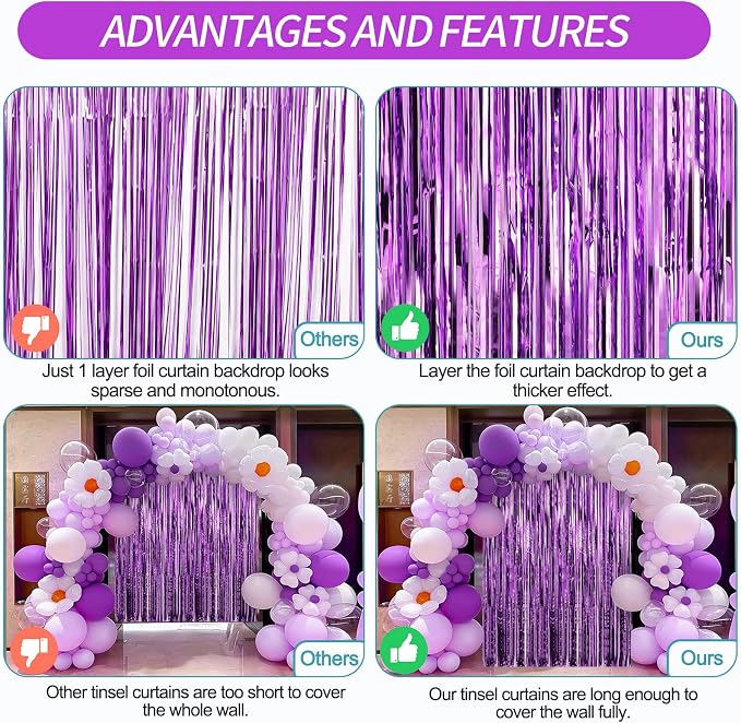3 Pack 3.3 x 9.9 ft Purple Fringe Backdrop Streamers Party Decorations | Foil - Image 3