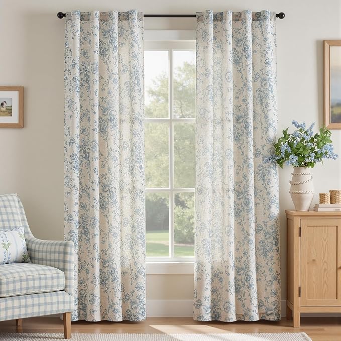 jinchan Blue Floral Linen Curtains 84 Inch Farmhouse Back Tab 2 Panels | Light by JINCHAN