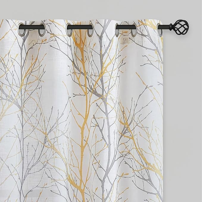 FMFUNCTEX Linen Yellow White Semi Sheer Print Curtains 84 Inch 2 Panels | Tree by Fmfunctex