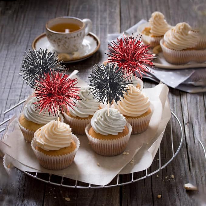 40 PCS Foil Firework Cupcake Toppers Sparkle Tinsel Cupcake Picks Fireworks - Image 4