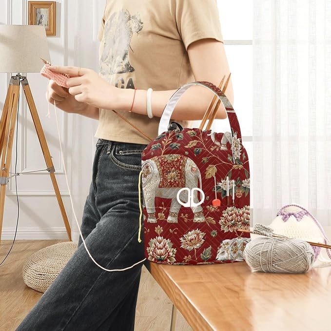 Red Floral Retro Elephants Yarn Bag Small Crochet Bag Drawstring Yarn Storage - Image 6
