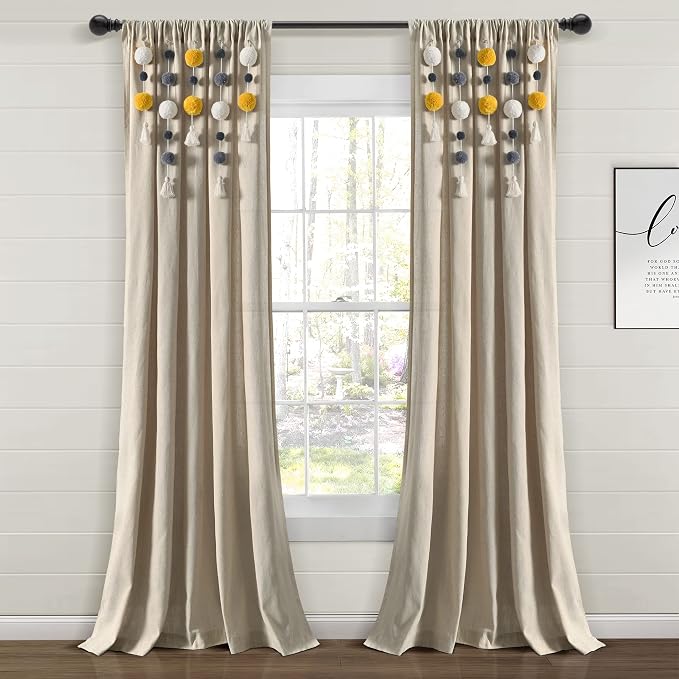 Lush Decor Boho Pom Pom Tassel Linen Textured Window Curtain Panel, Single 52" by LushDecor