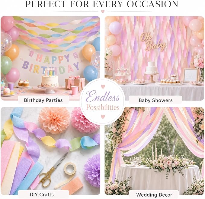 8 Pastel Streamers, 656ft Pack of Crepe Paper Party Decorations | Each roll is - Image 5
