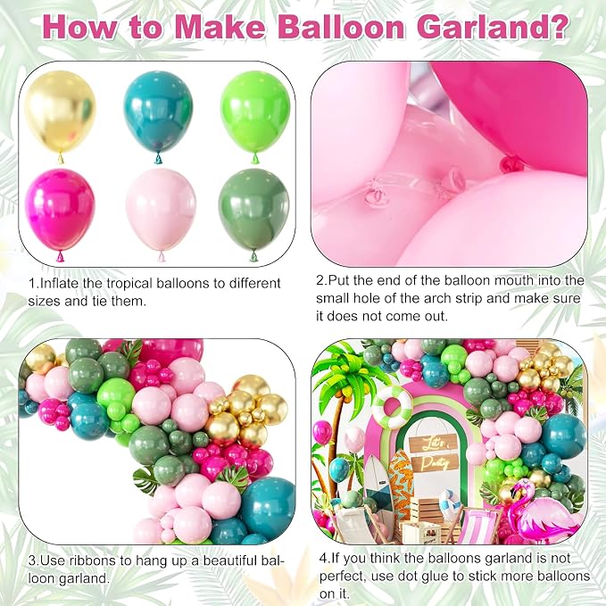146Pcs Tropical Flamingo Balloon Arch Garland Kit, Hot Pink Dark Green Light - Image 3