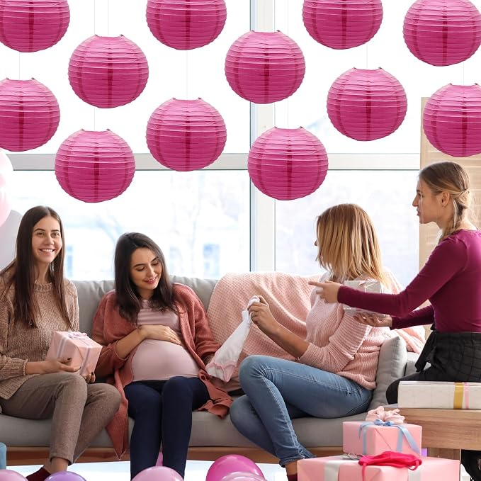 Hot Pink Paper Lanterns Decorative Hanging Round Shape Lanterns 8inch | - Image 4