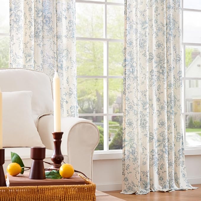 jinchan Blue Floral Linen Curtains 96 Inch Vintage Back Tab 2 Panels | Light - Image 8