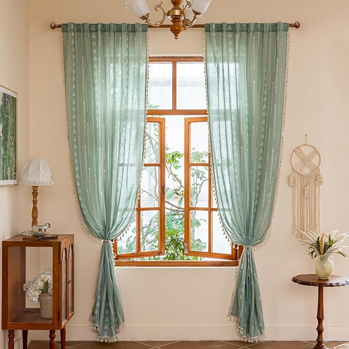 Sage Green Curtains for Living Room, Linen Blended Boho Semi Sheer Patterned - Image 8