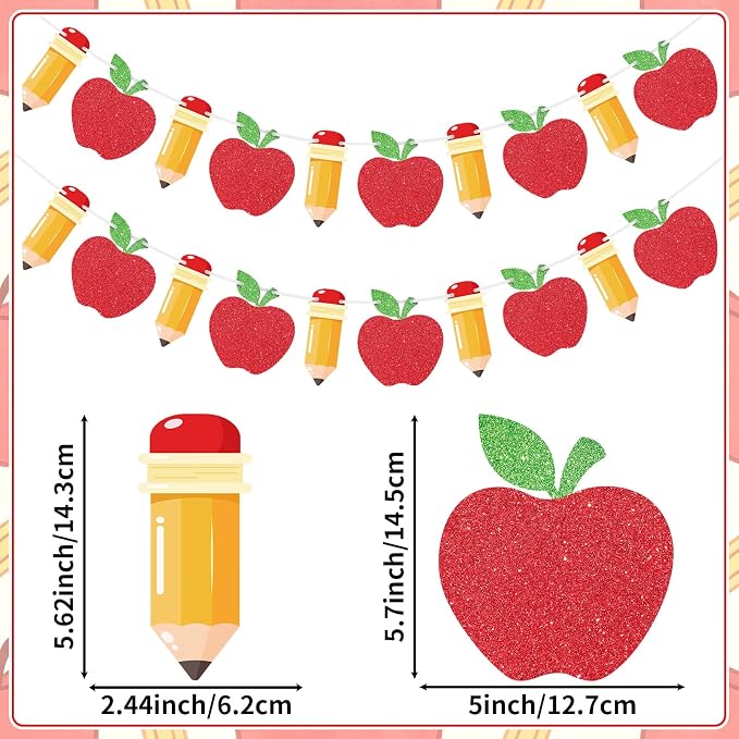 Hooqict 2 Pieces Back to School Pencil and Apple Banner Decorations Welcome - Image 2