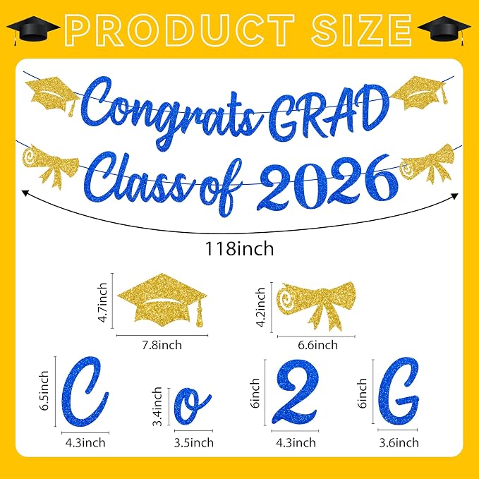 Blue and Gold Graduation Decorations Banner 2026, Glitter Blue and Gold Class - Image 5