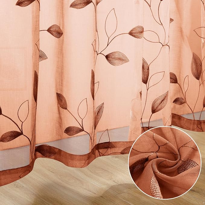 HOMEIDEAS Fall Burnt Orange Sheer Curtains 84 Inches Long 2 Panels Embroidered - Image 6