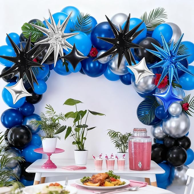 TONIFUL 22Inch 18Pcs Black Blue Silver Explosion Star Mylar Balloons and 10Inch - Image 3