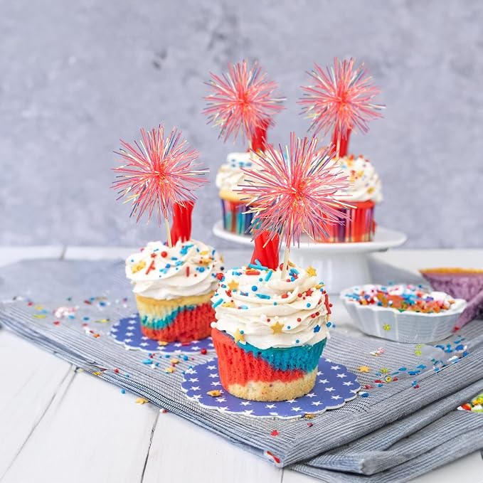 Gyufise 30Pcs Foil Firework Cupcake Toppers Sparkle Tinsel Cake Toppers Tinsel - Image 7