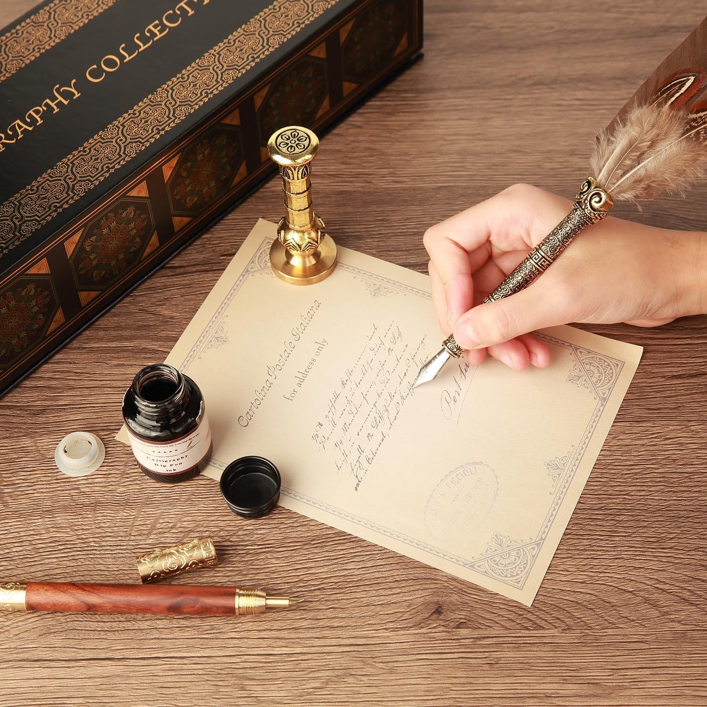 GC QUILL Calligraphy Set - 18pcs With Dual Tip Fountain Pen, Feather Dip Pen, Stamp, Wax Candle, Pen Base, Ink Bottle, Cartridges