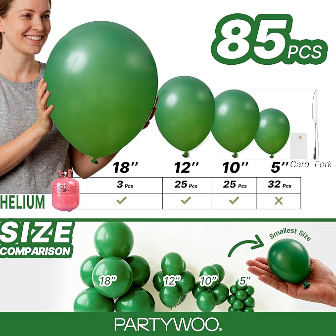 PartyWoo Dark Green Balloons 85pcs Emerald Hunter Forest Green Color | - Image 6