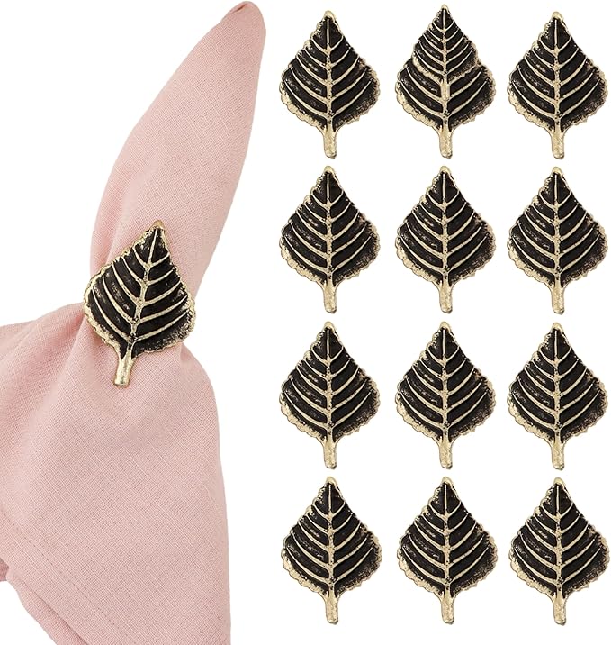 Set of 12 Rooster Napkin Rings for Farmhouse Decor | Premium Metal Leaf Dinnerware Napkin Holders | Thanksgiving, Christmas, and Easter Table Setting (Antique Gold) - ALPHA Living HOME