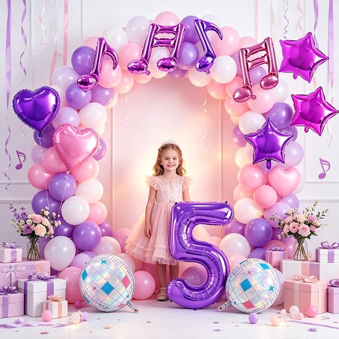TONIFUL Girl‘s Purple Pink Music Themed 5th Birthday Decorations | 40 Inch - Image 4