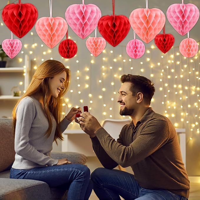 BOARDFEB 12PCS Valentine's Day Decorations, Heart Honeycomb Balls Hanging | Pink - Image 2