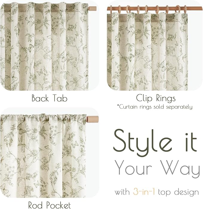 Green Floral Linen Curtains Farmhouse Rod Pocket 50W X 84L 2 Panels | Charlotte - Image 7