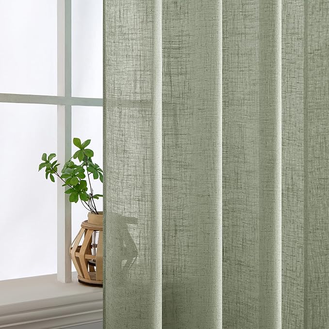 MIULEE Sage Linen Curtains 52x63 Inch Long 2 Panels of Green Window Drapes | - Image 5