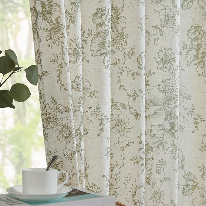 jinchan Green Floral Linen Curtains Lined 90 Inch Vintage Back Tab 2 Panels | - Image 7