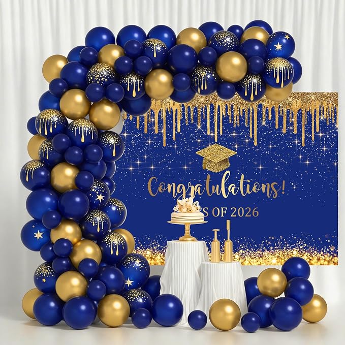 Mocsicka 7x5ft Blue and Gold 2026 Graduation Backdrop Glitter Background Class - Image 3