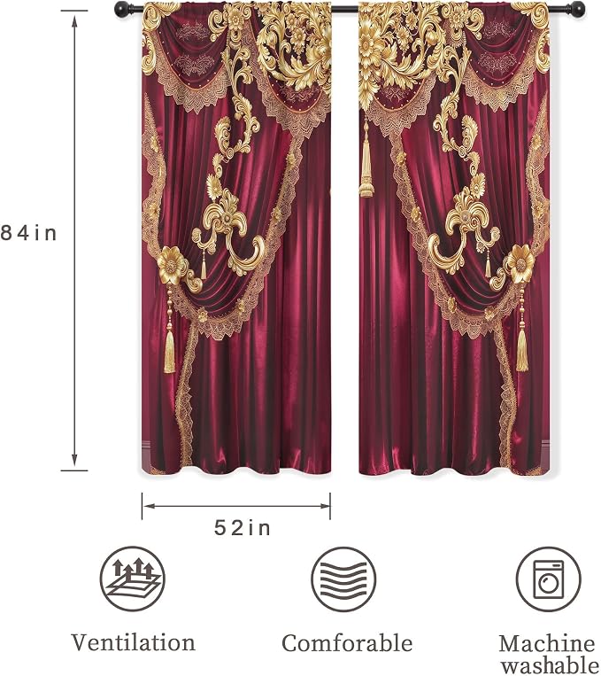 Red Gold Vintage European Elegant No Living Room Bedroom Window Curtains | 52"W - Image 3