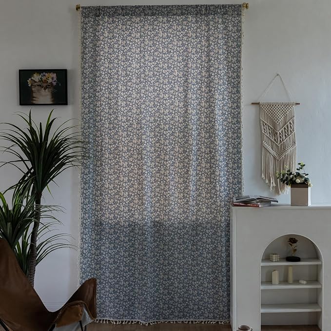 ENJOYBRIDAL White Floral Curtains 84 Inches Long 2 Panels Semi Sheer Blue Drapes - Image 2