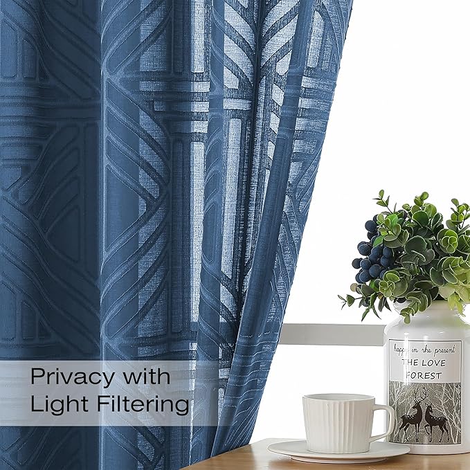 Simplebrand Semi Sheer Dusty Blue Curtains 36 Inch Length 2 Panels, Geometric - Image 3