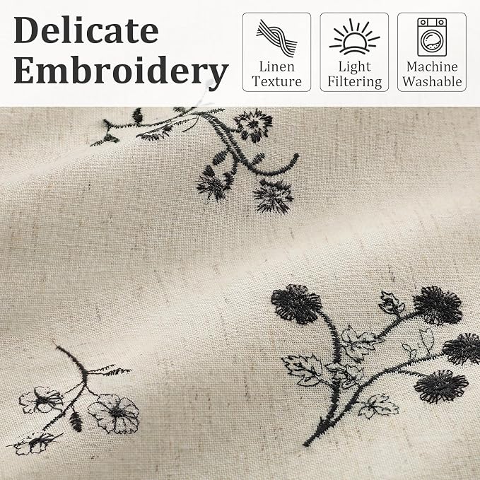 Black Floral Embroidered Light Filtering Curtains 84 Inch 2 Panels | Linen - Image 4