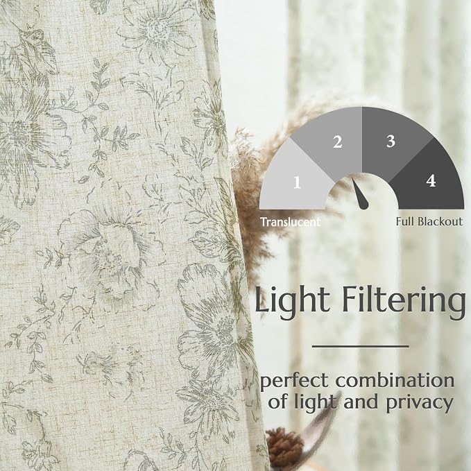 jinchan Green Floral Linen Curtains Lined 90 Inch Vintage Back Tab 2 Panels | - Image 4