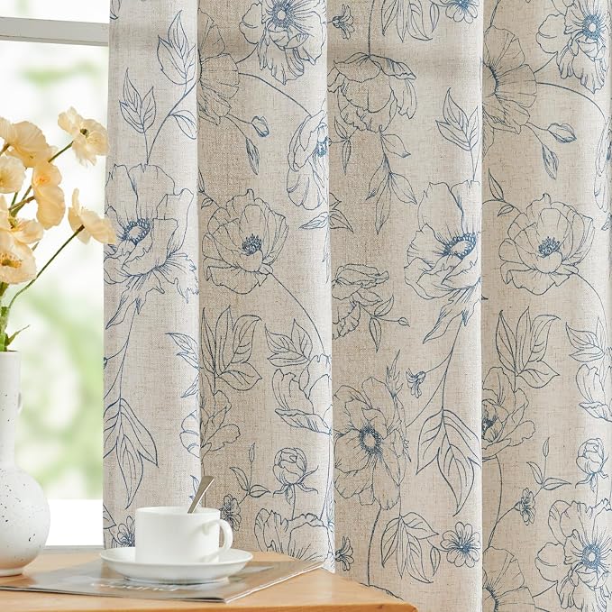 jinchan Floral Linen Curtains for Living Room 63 Inch Length Blue Flower by JINCHAN
